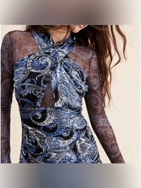 Anthropologie Blue Paisley Sheer Sleeve Keyhole Dress